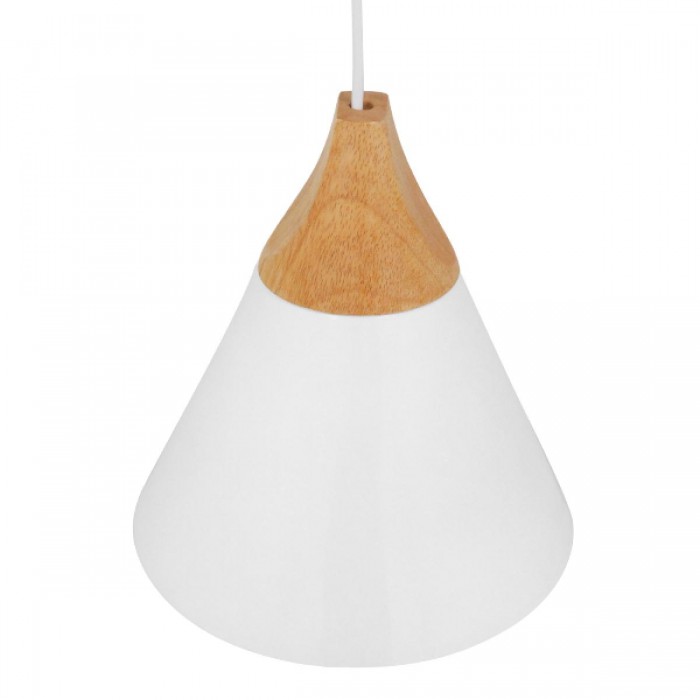 GloboStar® SHADE 00907 Μοντέρνο Κρεμαστό Φωτιστικό Οροφής Μονόφωτο 1 x E27 Λευκό Μεταλλικό με Ξύλο Καμπάνα Φ23 x Υ22cm