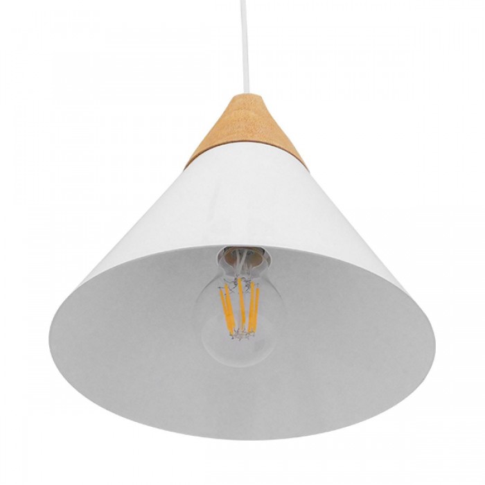 GloboStar® SHADE 00907 Μοντέρνο Κρεμαστό Φωτιστικό Οροφής Μονόφωτο 1 x E27 Λευκό Μεταλλικό με Ξύλο Καμπάνα Φ23 x Υ22cm