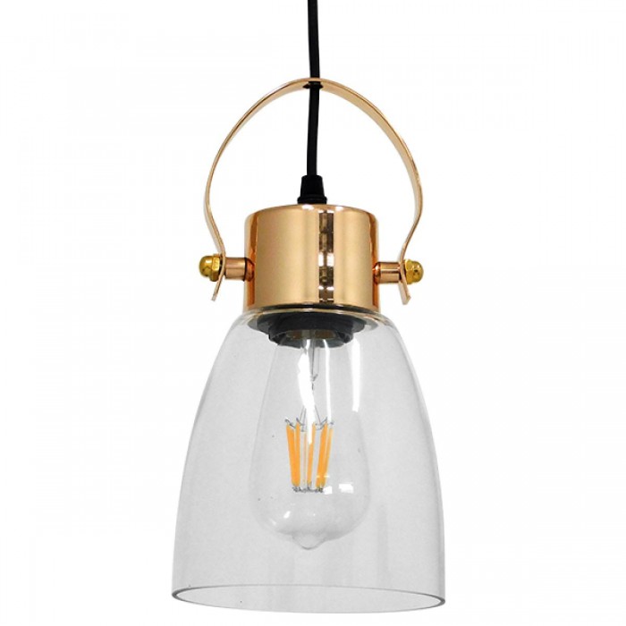 GloboStar® JAVER 00934 Vintage Κρεμαστό Φωτιστικό Οροφής Μονόφωτο 1 x E27 Διάφανο Γυάλινο Καμπάνα με Χρυσό Ντουί Φ14 x Υ27cm