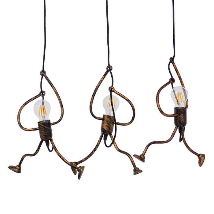 GloboStar® LITTLE MAN 00979 SET Μοντέρνο Κρεμαστό Φωτιστικό Οροφής Τρίφωτο 3 x E27 Καφέ Σκουριά Μεταλλικό Μ70 x Π10 x Υ105cm