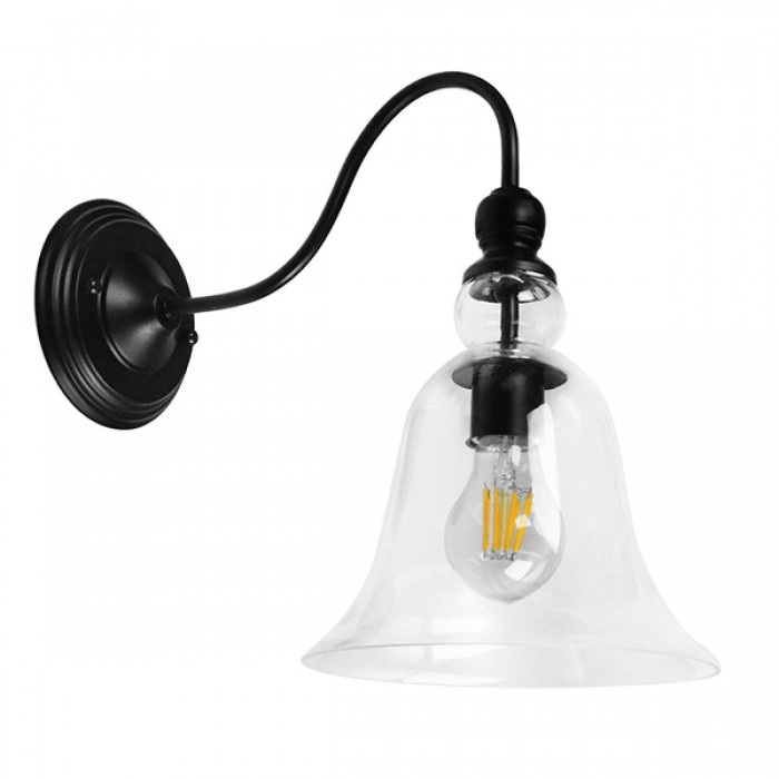 GloboStar® LILLY 01064 Vintage Φωτιστικό Τοίχου Απλίκα Μονόφωτο Μαύρο Μεταλλικό με Γυάλινη Καμπάνα Φ14 x Μ21 x Π14 x Υ36cm