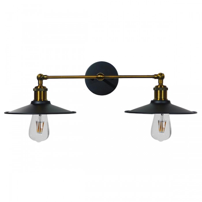 GloboStar® TWINS 01069 Vintage Industrial Φωτιστικό Τοίχου Απλίκα Δίφωτο Μαύρο Μεταλλικό Καμπάνα Φ21 x Μ30 x Π60 x Υ18cm