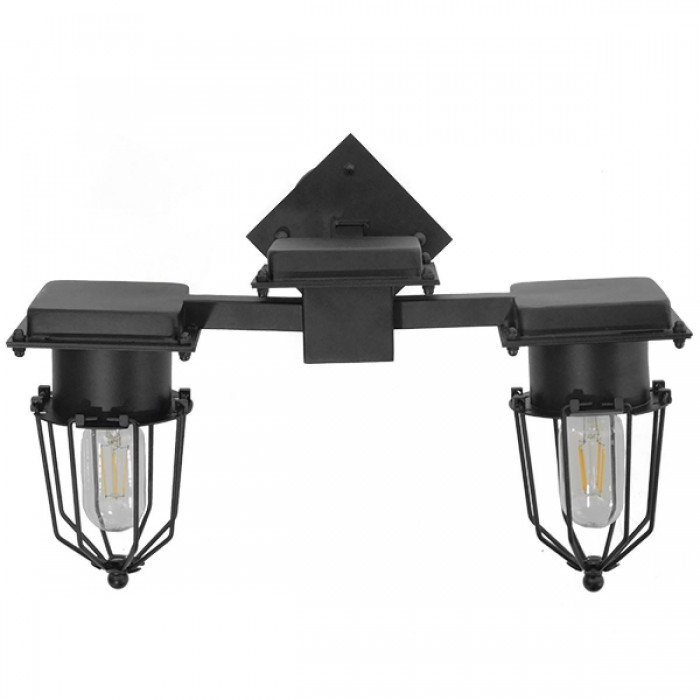 GloboStar® TORO 01079 Vintage Industrial Φωτιστικό Τοίχου Απλίκα Δίφωτο Μαύρο Μεταλλικό Πλέγμα Μ22 x Π45 x Υ27cm