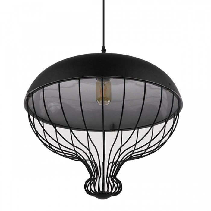 GloboStar® SOBRINO 01108  Vintage Κρεμαστό Φωτιστικό Οροφής Μονόφωτο Μαύρο Μεταλλικό Πλέγμα Φ46 x Y50cm