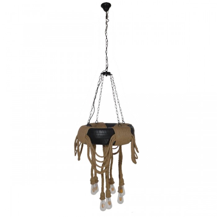 GloboStar® MARBELLA 01116 Vintage Industrial Κρεμαστό Φωτιστικό Οροφής Πολύφωτο 8 x E27 Μαύρο με Μπεζ Σχοινι Φ60 x Y60cm
