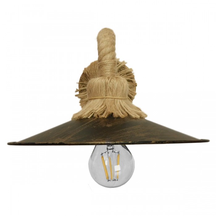 GloboStar® ROBLY 01125 Vintage Φωτιστικό Τοίχου Απλίκα Μονόφωτο Μπρούτζινο Σκουριά Μεταλλικό με Καπέλο και με Μπεζ Σχοινί Φ27 x Μ35 x Π27 x Υ20cm