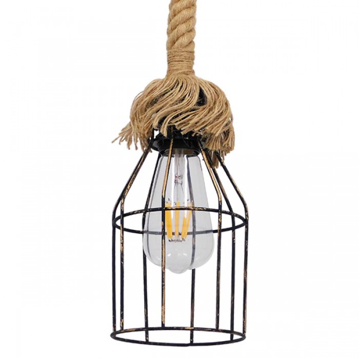 GloboStar® LAICO 01129 Vintage Κρεμαστό Φωτιστικό Οροφής Μονόφωτο 1 x E27 Μπρούτζινο Σκουριά Μεταλλικό Πλέγμα με Μπεζ Σχοινί Φ12 x Y100cm