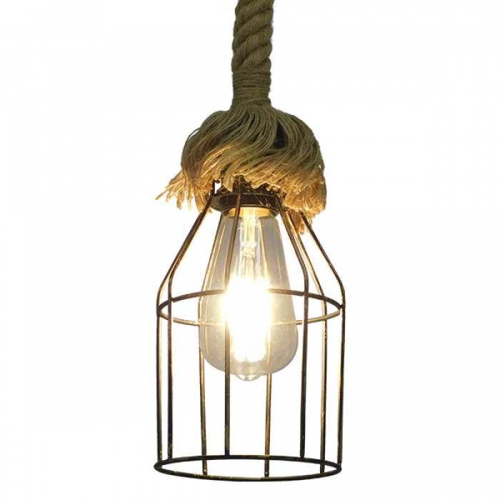 GloboStar® LAICO 01129 Vintage Κρεμαστό Φωτιστικό Οροφής Μονόφωτο 1 x E27 Μπρούτζινο Σκουριά Μεταλλικό Πλέγμα με Μπεζ Σχοινί Φ12 x Y100cm