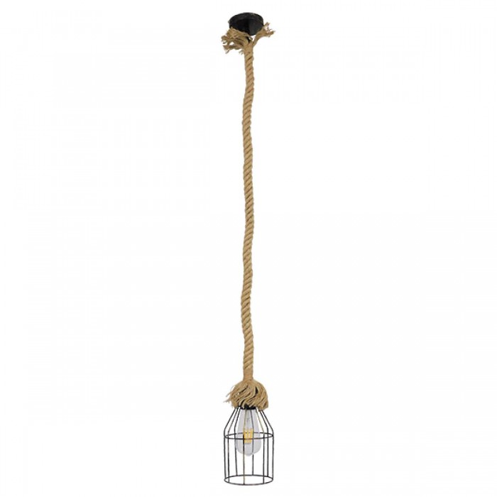 GloboStar® LAICO 01129 Vintage Κρεμαστό Φωτιστικό Οροφής Μονόφωτο 1 x E27 Μπρούτζινο Σκουριά Μεταλλικό Πλέγμα με Μπεζ Σχοινί Φ12 x Y100cm