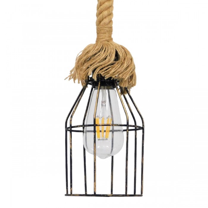 GloboStar® LAICO 01129 Vintage Κρεμαστό Φωτιστικό Οροφής Μονόφωτο 1 x E27 Μπρούτζινο Σκουριά Μεταλλικό Πλέγμα με Μπεζ Σχοινί Φ12 x Y100cm