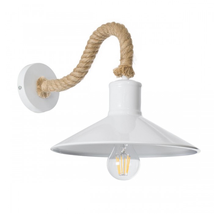 GloboStar® VINSA 01130 Vintage Φωτιστικό Τοίχου Απλίκα Μονόφωτο 1 x E27 Λευκό Μεταλλικό Καμπάνα με Μπεζ Σχοινί Μ37.5 x Π26.7 x Υ25cm