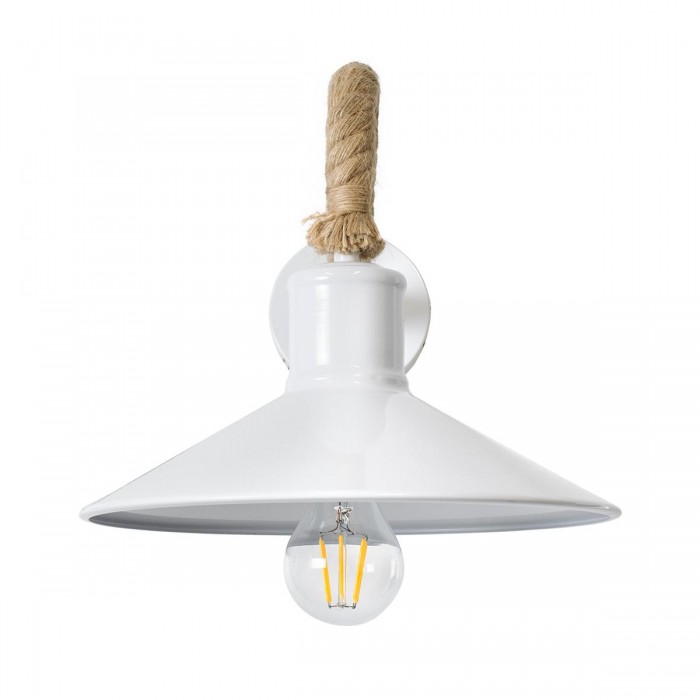 GloboStar® VINSA 01130 Vintage Φωτιστικό Τοίχου Απλίκα Μονόφωτο 1 x E27 Λευκό Μεταλλικό Καμπάνα με Μπεζ Σχοινί Μ37.5 x Π26.7 x Υ25cm