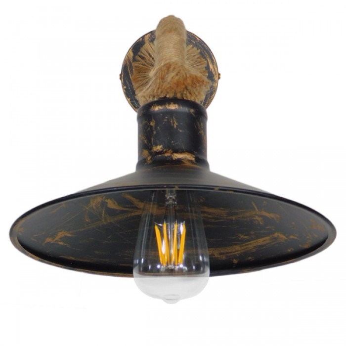GloboStar® BRASTA 01131 Vintage Φωτιστικό Τοίχου Απλίκα Μονόφωτο Μπρούτζινο Σκουριά Μεταλλικό Καμπάνα με Μπεζ Σχοινί Φ27 x Μ32 x Π27 x Υ34cm