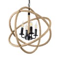 GloboStar® VITRUVIAN 01141 Vintage Κρεμαστό Φωτιστικό Οροφής Πολύφωτο 4 x E14 Μαύρο Μεταλλικό Πολυέλαιος με Μπεζ Σχοινί Φ53 x Y53cm