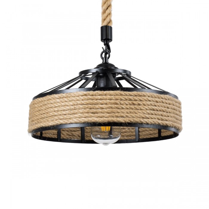 GloboStar® POLI 01146 Vintage Κρεμαστό Φωτιστικό Οροφής Μονόφωτο 1 x E27 Μαύρο Μεταλλικό με Μπεζ Σχοινί Φ31 x Y14cm
