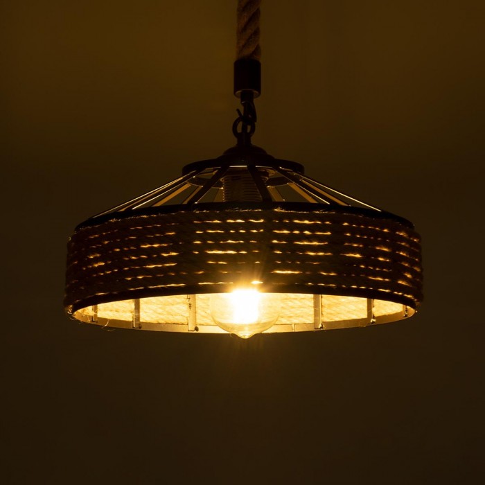 GloboStar® POLI 01146 Vintage Κρεμαστό Φωτιστικό Οροφής Μονόφωτο 1 x E27 Μαύρο Μεταλλικό με Μπεζ Σχοινί Φ31 x Y14cm