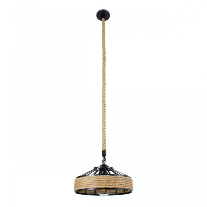 GloboStar® POLI 01146 Vintage Κρεμαστό Φωτιστικό Οροφής Μονόφωτο 1 x E27 Μαύρο Μεταλλικό με Μπεζ Σχοινί Φ31 x Y14cm