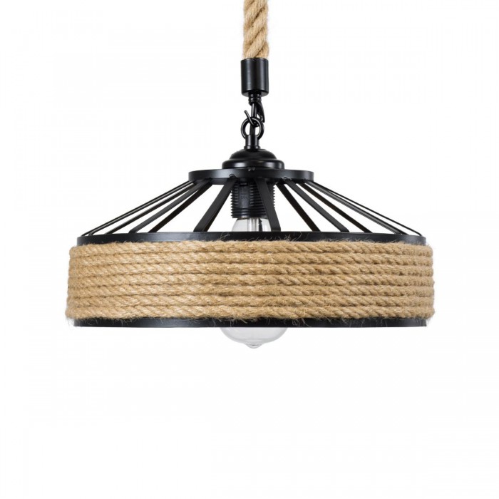 GloboStar® POLI 01146 Vintage Κρεμαστό Φωτιστικό Οροφής Μονόφωτο 1 x E27 Μαύρο Μεταλλικό με Μπεζ Σχοινί Φ31 x Y14cm