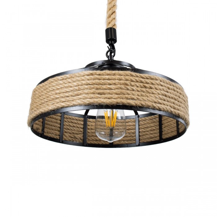 GloboStar® POLI 01146 Vintage Κρεμαστό Φωτιστικό Οροφής Μονόφωτο 1 x E27 Μαύρο Μεταλλικό με Μπεζ Σχοινί Φ31 x Y14cm