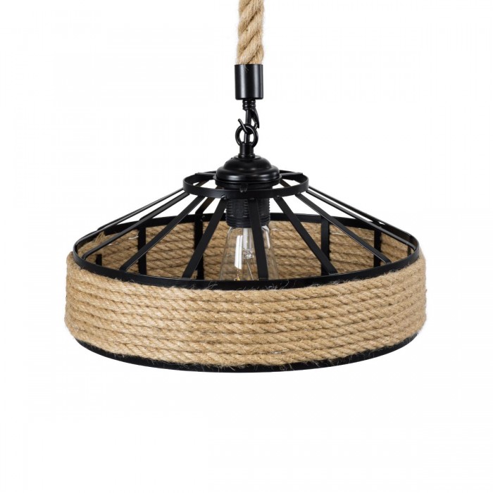 GloboStar® POLI 01146 Vintage Κρεμαστό Φωτιστικό Οροφής Μονόφωτο 1 x E27 Μαύρο Μεταλλικό με Μπεζ Σχοινί Φ31 x Y14cm