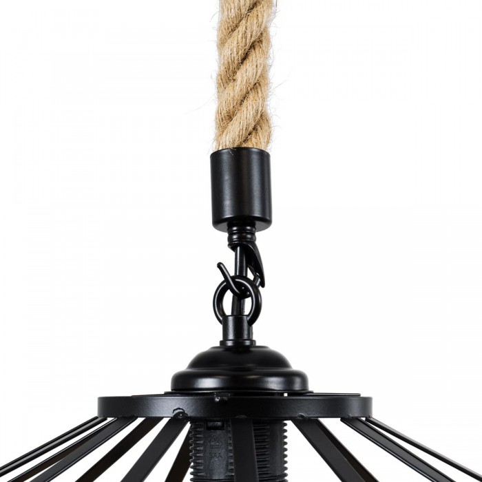 GloboStar® POLI 01146 Vintage Κρεμαστό Φωτιστικό Οροφής Μονόφωτο 1 x E27 Μαύρο Μεταλλικό με Μπεζ Σχοινί Φ31 x Y14cm