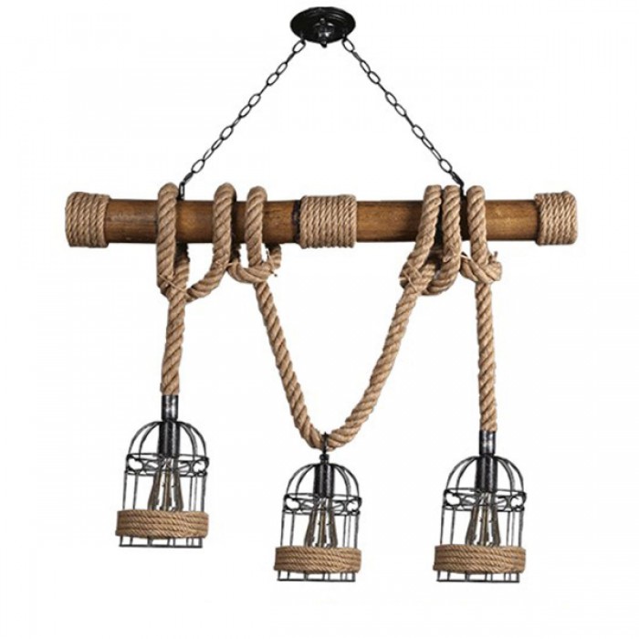 GloboStar® LILO 01149 Vintage Κρεμαστό Φωτιστικό Οροφής Τρίφωτο 3 x E27 Καφέ Ξύλινο Μπαμπού με Μπεζ Σχοινί Μ80 x Π15 x Υ100cm