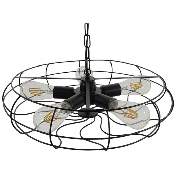 GloboStar® HELIX 01164 Vintage Industrial Κρεμαστό Φωτιστικό Οροφής Πολύφωτο Μαύρο Μεταλλικό Πλέγμα Φ46 x Y13cm