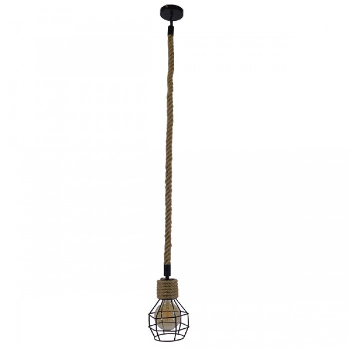 GloboStar® HELLET 01182 Vintage Industrial Κρεμαστό Φωτιστικό Οροφής Μονόφωτο 1 x E27 Μαύρο Μεταλλικό Πλέγμα με Μπεζ Σχοινί Φ16 x Y25cm