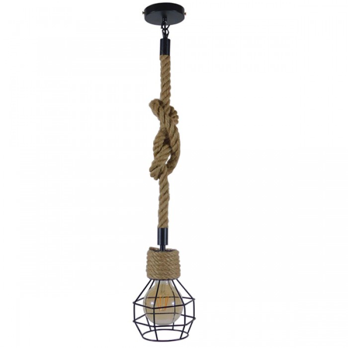 GloboStar® HELLET 01182 Vintage Industrial Κρεμαστό Φωτιστικό Οροφής Μονόφωτο 1 x E27 Μαύρο Μεταλλικό Πλέγμα με Μπεζ Σχοινί Φ16 x Y25cm