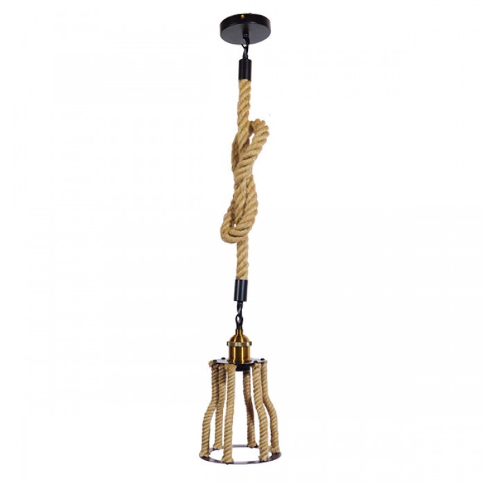 GloboStar® LANTERN 01186 Vintage Industrial Κρεμαστό Φωτιστικό Οροφής Μονόφωτο 1 x E27 Μαύρο Μεταλλικό με Μπεζ Σχοινί Φ15 x Y24cm