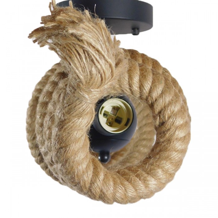 GloboStar® SPIRAL 01188 Vintage Industrial Φωτιστικό Οροφής Δίφωτο Μαύρο Μεταλλικό με Μπεζ Σχοινί Μ75 x Π20 x Υ24cm
