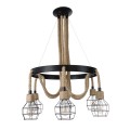 GloboStar® HELLET 01193 Vintage Industrial Κρεμαστό Φωτιστικό Οροφής Πολύφωτο 6 x E27 Μαύρο Μεταλλικό Πλέγμα με Μπεζ Σχοινί Φ72 x Y80cm
