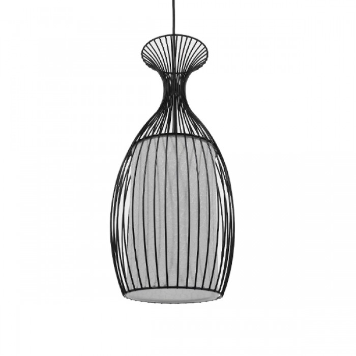 GloboStar® REA 01196 Μοντέρνο Κρεμαστό Φωτιστικό Οροφής Μονόφωτο Μαύρο Μεταλλικό Πλέγμα με Υφασμάτινο Εσωτερικό Καπέλο Φ20 x Y44cm