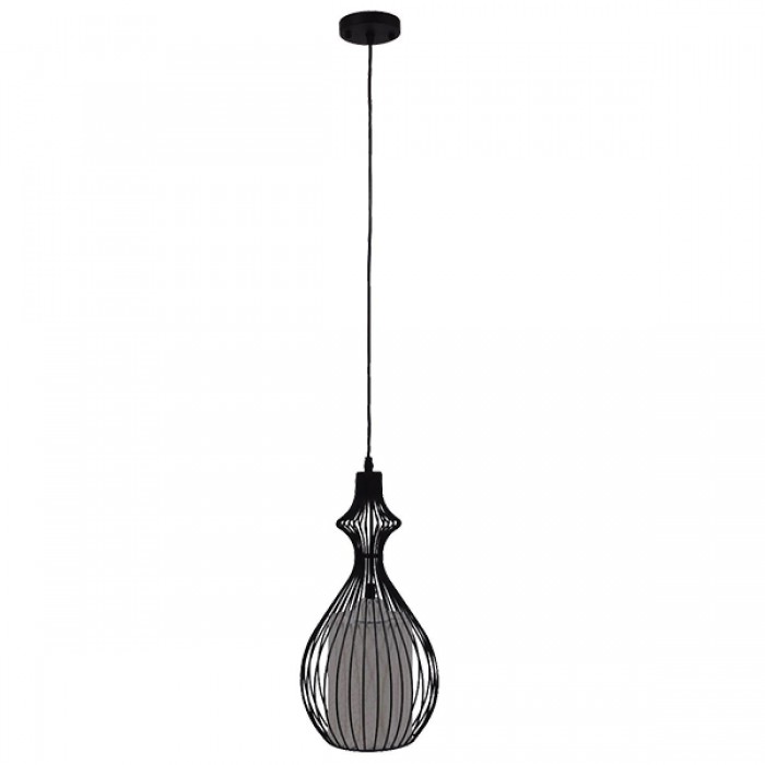 GloboStar® THYDA 01197 Μοντέρνο Κρεμαστό Φωτιστικό Οροφής Μονόφωτο Μαύρο Μεταλλικό Πλέγμα με Υφασμάτινο Εσωτερικό Καπέλο Φ21 x Y40cm