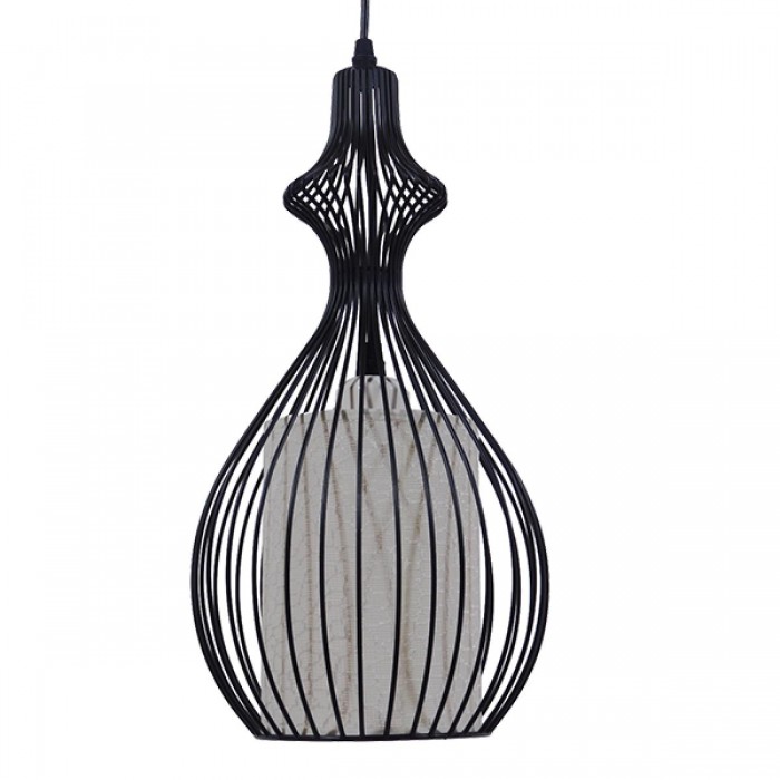 GloboStar® THYDA 01197 Μοντέρνο Κρεμαστό Φωτιστικό Οροφής Μονόφωτο Μαύρο Μεταλλικό Πλέγμα με Υφασμάτινο Εσωτερικό Καπέλο Φ21 x Y40cm