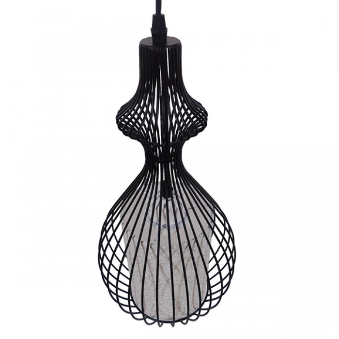 GloboStar® THYDA 01197 Μοντέρνο Κρεμαστό Φωτιστικό Οροφής Μονόφωτο Μαύρο Μεταλλικό Πλέγμα με Υφασμάτινο Εσωτερικό Καπέλο Φ21 x Y40cm