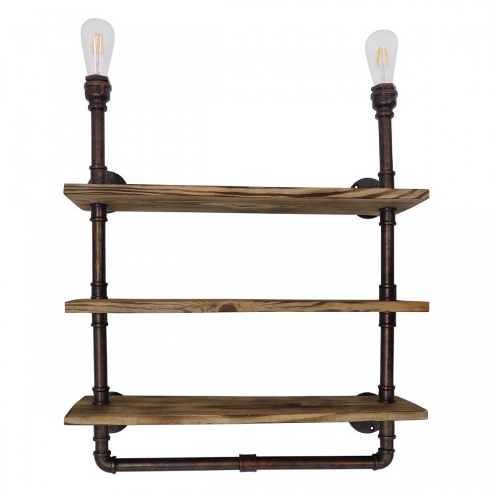 GloboStar® ENIMAS 01217 Vintage Industrial Φωτιστικό Τοίχου Απλίκα Δίφωτο Μπρούτζινο Μεταλλικό με Ξύλινα Ράφια Μ65 x Π23 x Υ76cm GloboStar® ENIMAS 01217 Vintage Industrial Φωτιστικό Τοίχου Απλίκα Δίφωτο Μπρούτζινο Μεταλλικό με Ξύλινα Ράφια Μ65 x Π23 x Υ76cm
