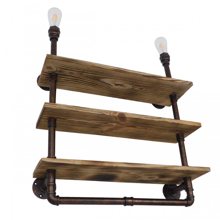GloboStar® ENIMAS 01217 Vintage Industrial Φωτιστικό Τοίχου Απλίκα Δίφωτο Μπρούτζινο Μεταλλικό με Ξύλινα Ράφια Μ65 x Π23 x Υ76cm GloboStar® ENIMAS 01217 Vintage Industrial Φωτιστικό Τοίχου Απλίκα Δίφωτο Μπρούτζινο Μεταλλικό με Ξύλινα Ράφια Μ65 x Π23 x Υ76cm