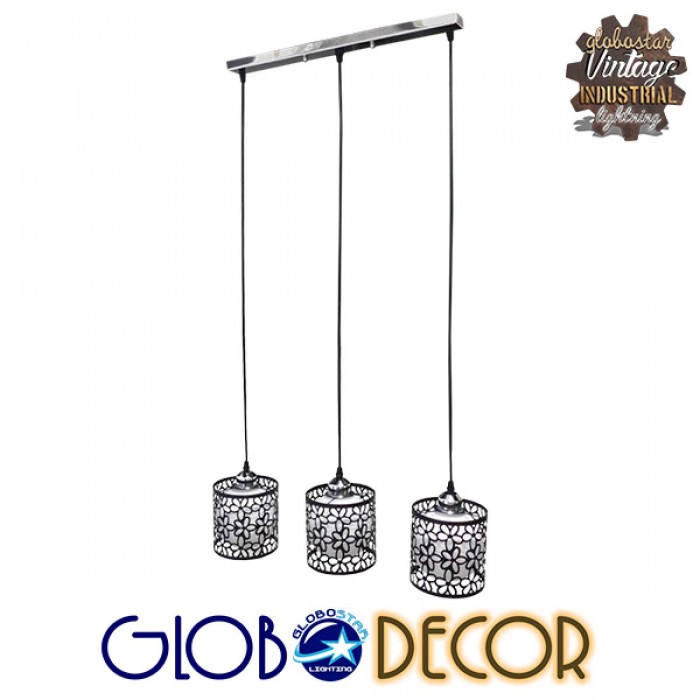GloboStar® FELICIA 01247 Μοντέρνο Κρεμαστό Φωτιστικό Οροφής Τρίφωτο 3 x E27 Μαύρο Μεταλλικό Πλέγμα με Λευκό Γυαλί Μ62 x Π15 x Υ19cm