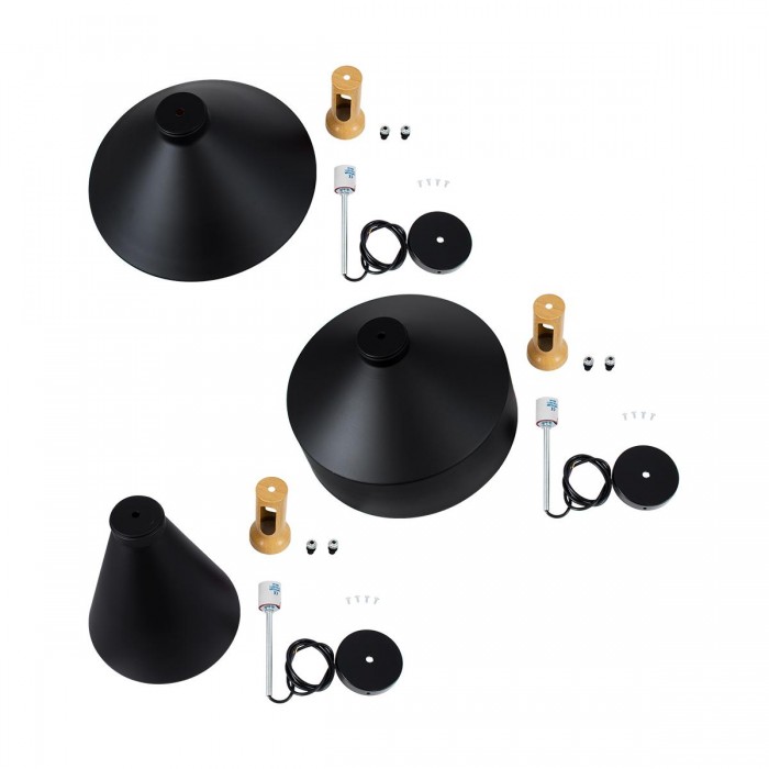 GloboStar® CALYPSO 01334 SET 3 Μοντέρνα Κρεμαστά Φωτιστικά Οροφής Τρίφωτο 3 x E27 Μαύρο - Χρυσό Μεταλλικά με Ξύλινη Βάση Καμπάνα