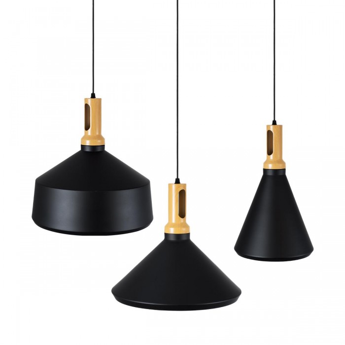 GloboStar® CALYPSO 01334 SET 3 Μοντέρνα Κρεμαστά Φωτιστικά Οροφής Τρίφωτο 3 x E27 Μαύρο - Χρυσό Μεταλλικά με Ξύλινη Βάση Καμπάνα