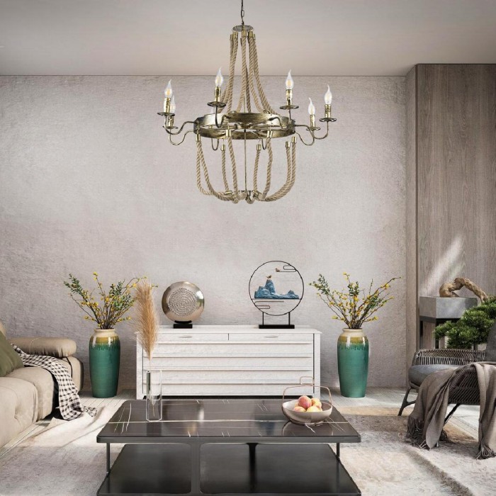 GloboStar® BAVARIAN 01405 Vintage Κρεμαστό Φωτιστικό Οροφής Πολύφωτο 8 x E14 Μπρούτζινο Σκουριά Μεταλλικό Πολυέλαιος με Μπεζ Σχοινί Φ87 x Υ80cm GloboStar® BAVARIAN 01405 Vintage Κρεμαστό Φωτιστικό Οροφής Πολύφωτο 8 x E14 Μπρούτζινο Σκουριά Μεταλλικό Πολυέλαιος με Μπεζ Σχοινί Φ87 x Υ80cm