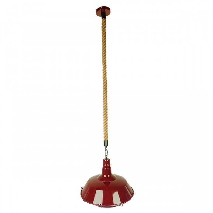 GloboStar® ISCAR 01410 Vintage Industrial Κρεμαστό Φωτιστικό Οροφής Μονόφωτο 1 x E27 Μπορντό Κόκκινο Λευκό Μεταλλικό Καμπάνα Πλέγμα με Μπεζ Σχοινί Φ36 x Υ31cm