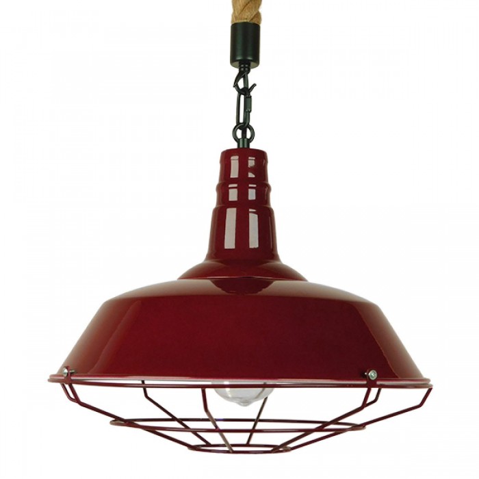 GloboStar® ISCAR 01410 Vintage Industrial Κρεμαστό Φωτιστικό Οροφής Μονόφωτο 1 x E27 Μπορντό Κόκκινο Λευκό Μεταλλικό Καμπάνα Πλέγμα με Μπεζ Σχοινί Φ36 x Υ31cm