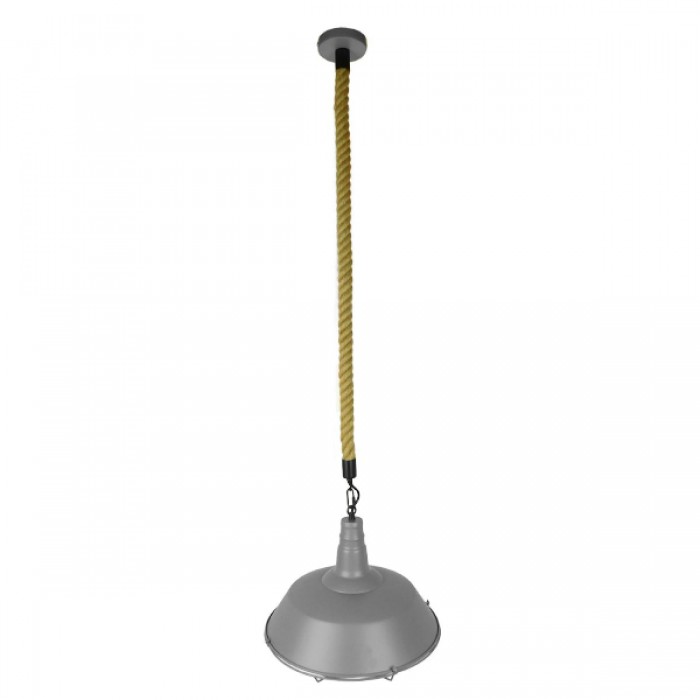 GloboStar® LUCI 01411 Vintage Industrial Κρεμαστό Φωτιστικό Οροφής Μονόφωτο 1 x E27 Γκρι Λευκό Μεταλλικό Καμπάνα Πλέγμα με Μπεζ Σχοινί Φ36 x Υ31cm