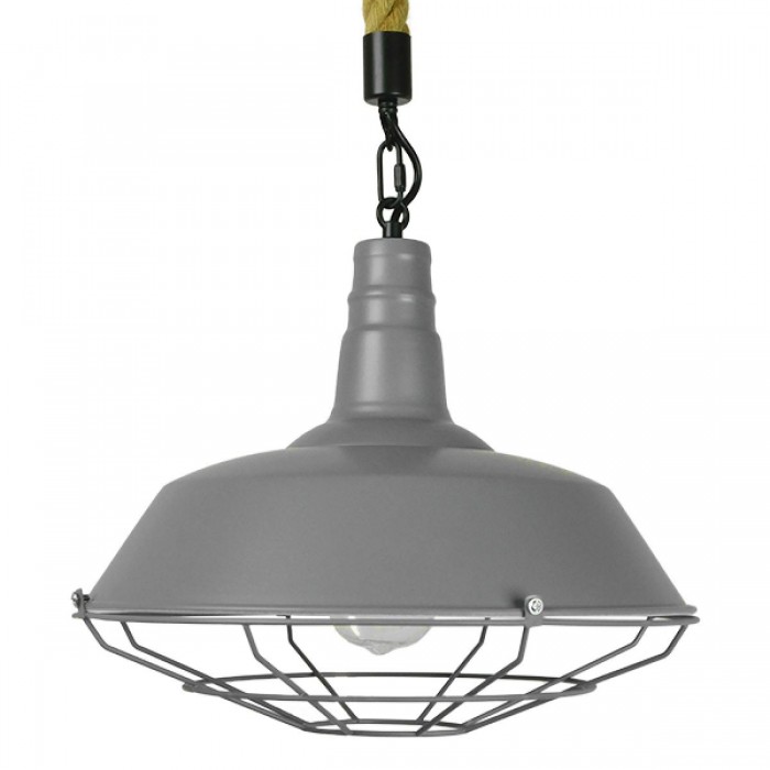 GloboStar® LUCI 01411 Vintage Industrial Κρεμαστό Φωτιστικό Οροφής Μονόφωτο 1 x E27 Γκρι Λευκό Μεταλλικό Καμπάνα Πλέγμα με Μπεζ Σχοινί Φ36 x Υ31cm