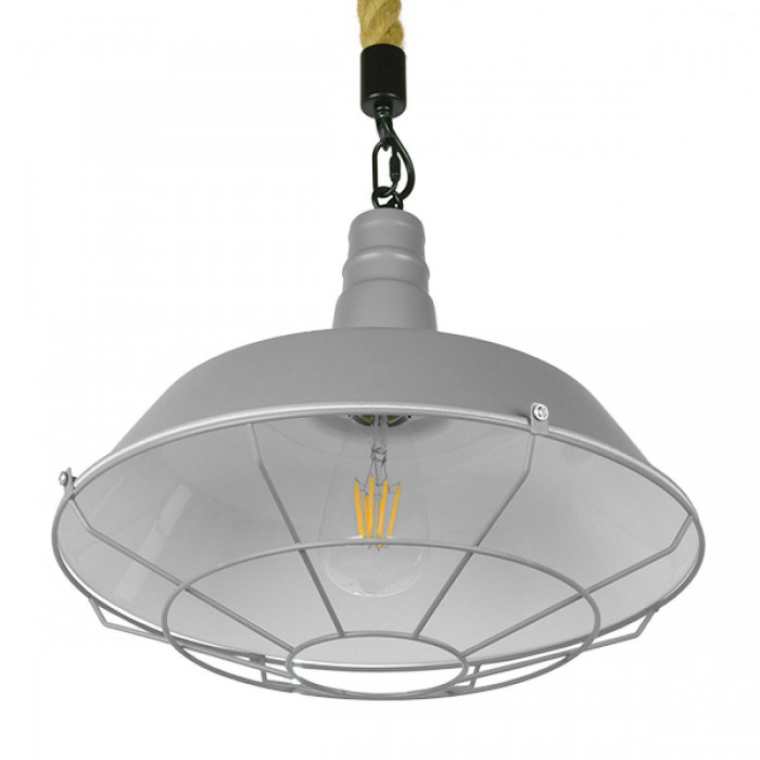 GloboStar® LUCI 01411 Vintage Industrial Κρεμαστό Φωτιστικό Οροφής Μονόφωτο 1 x E27 Γκρι Λευκό Μεταλλικό Καμπάνα Πλέγμα με Μπεζ Σχοινί Φ36 x Υ31cm