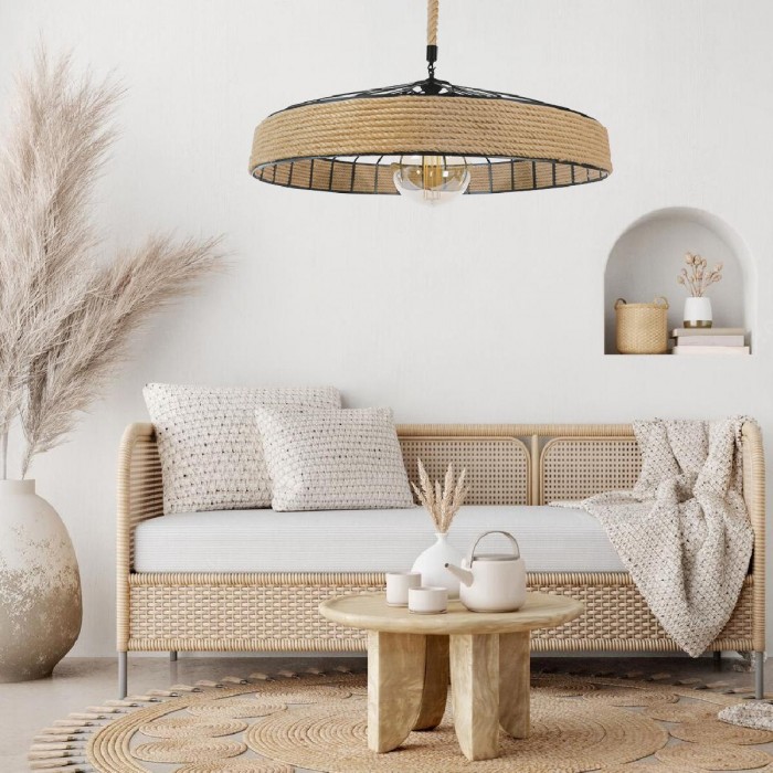 GloboStar® SAHARA 01416 Vintage Κρεμαστό Φωτιστικό Οροφής Μονόφωτο 1 x E27 Μαύρο Μεταλλικό με Μπεζ Σχοινί Φ80 x Υ25cm GloboStar® SAHARA 01416 Vintage Κρεμαστό Φωτιστικό Οροφής Μονόφωτο 1 x E27 Μαύρο Μεταλλικό με Μπεζ Σχοινί Φ80 x Υ25cm