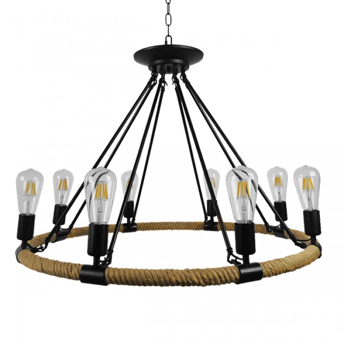 GloboStar® MILLBANK 01423 Vintage Κρεμαστό Φωτιστικό Οροφής Πολύφωτο 8 x E27 Μαύρο Μεταλλικό με Μπεζ Σχοινί Φ80 x Υ60cm GloboStar® MILLBANK 01423 Vintage Κρεμαστό Φωτιστικό Οροφής Πολύφωτο 8 x E27 Μαύρο Μεταλλικό με Μπεζ Σχοινί Φ80 x Υ60cm