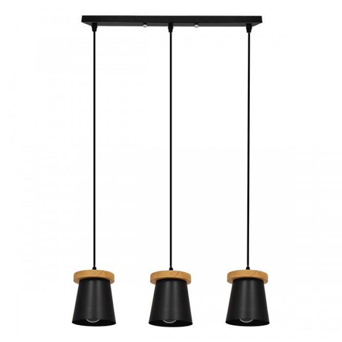 GloboStar® LANA 01425 ΣΕΤ Μοντέρνο Κρεμαστό Φωτιστικό Οροφής Τρίφωτο 3 x E27 με Ξύλινη Βάση και Μαύρο Καπέλο Φ13 x Μ58 x Y17cm